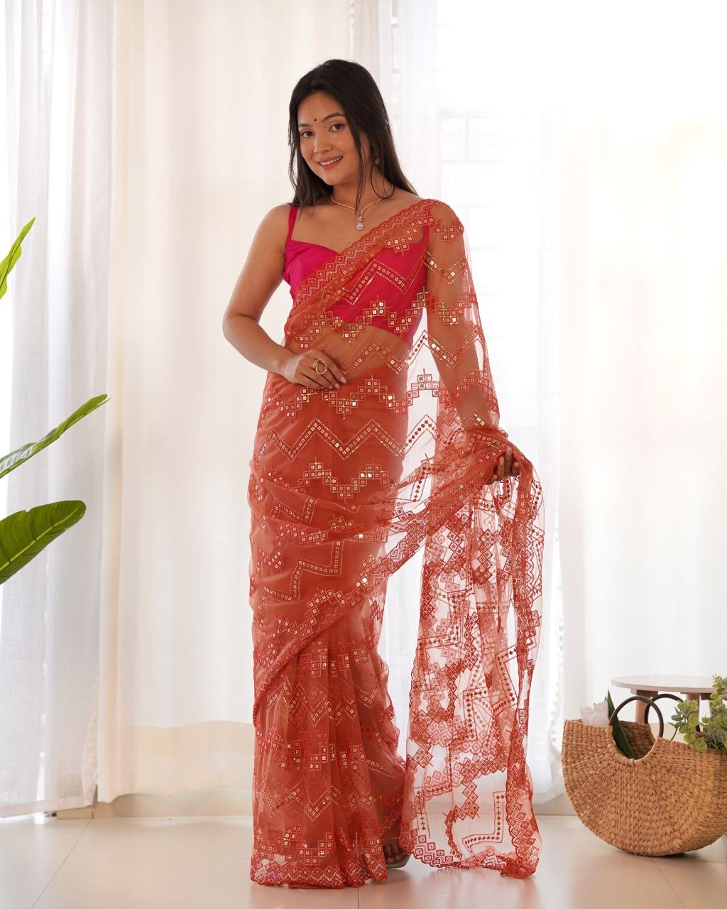 Heavy Butterfly Net With Embroidered Work Saree In Limepink Color - qivii