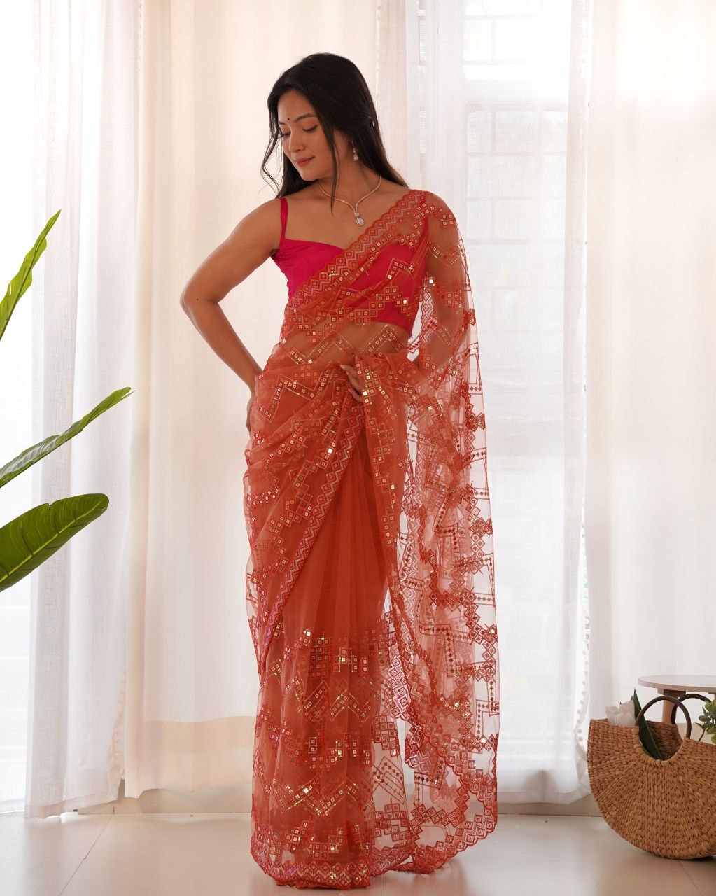 Heavy Butterfly Net With Embroidered Work Saree In Limepink Color - qivii