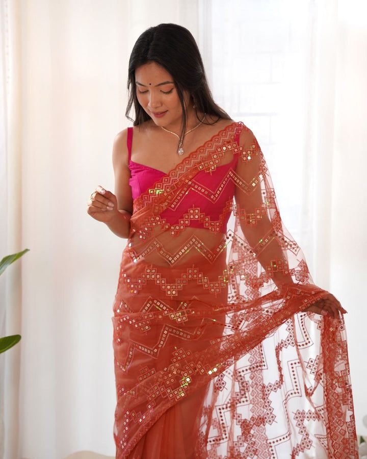 Heavy Butterfly Net With Embroidered Work Saree In Limepink Color - qivii