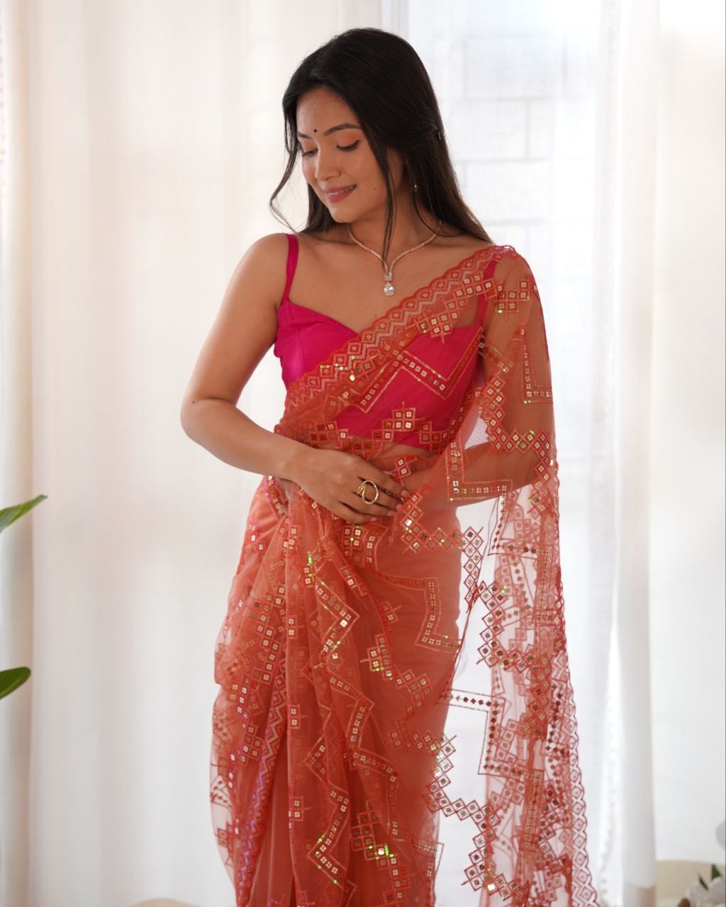 Heavy Butterfly Net With Embroidered Work Saree In Limepink Color - qivii