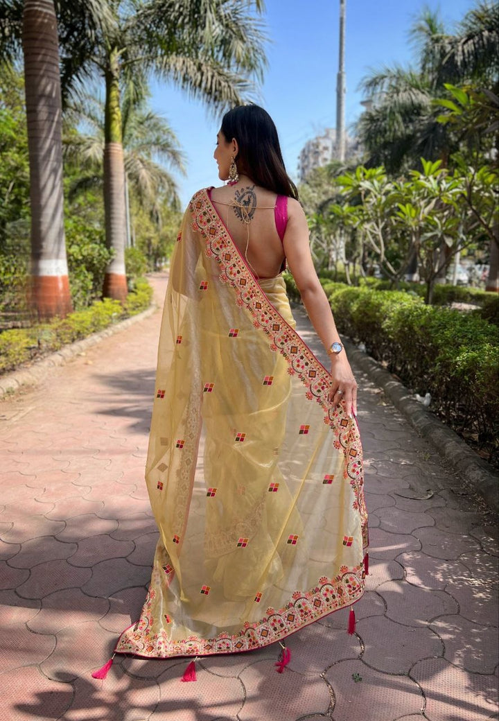 Twill Net Designer Embroidery work Saree in Lime Yelow Color