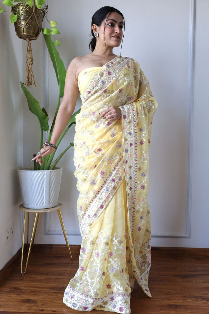 Heavy Butterfly Net Beautiful Mallty Colour Aari Embroidery Work Saree In Lime Yellow Color - qivii