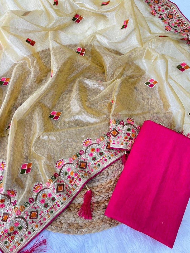 Twill Net Designer Embroidery work Saree in Lime Yelow Color