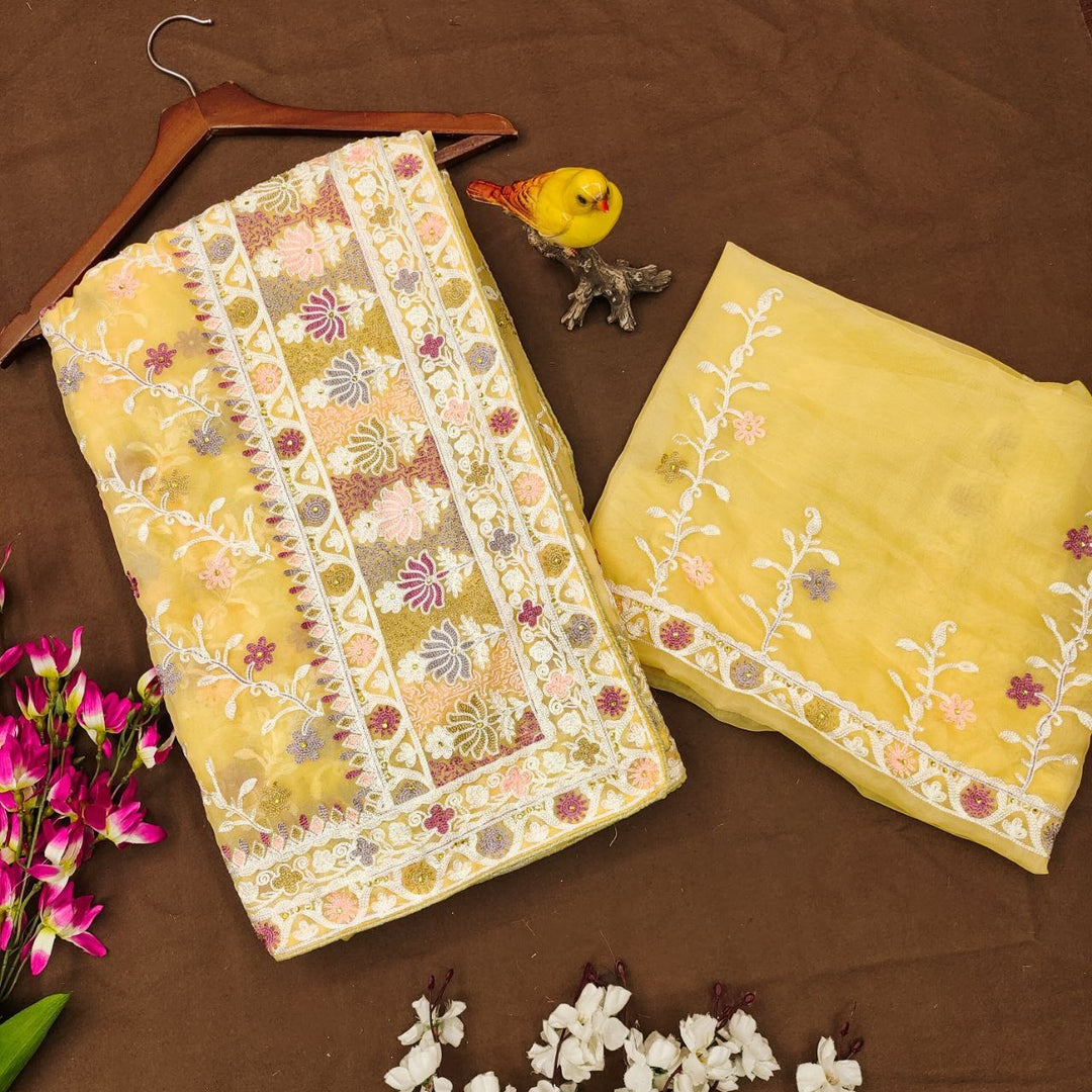 Heavy Butterfly Net Beautiful Mallty Colour Aari Embroidery Work Saree In Lime Yellow Color - qivii