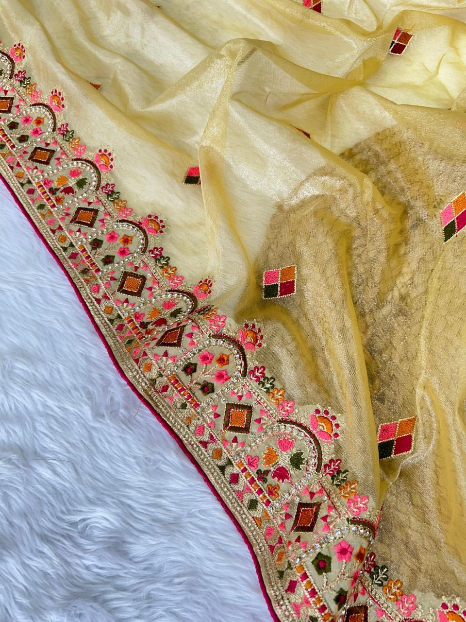 Twill Net Designer Embroidery work Saree in Lime Yelow Color