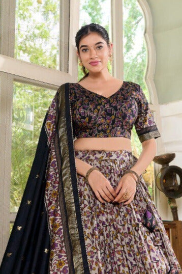 Black Tussar Silk Floral Print With Foil Print Lehenga Choli