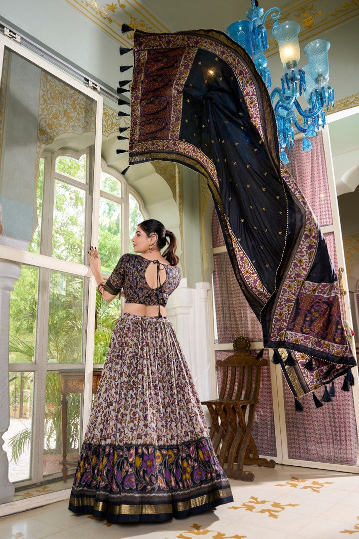 Black Tussar Silk Floral Print With Foil Print Lehenga Choli