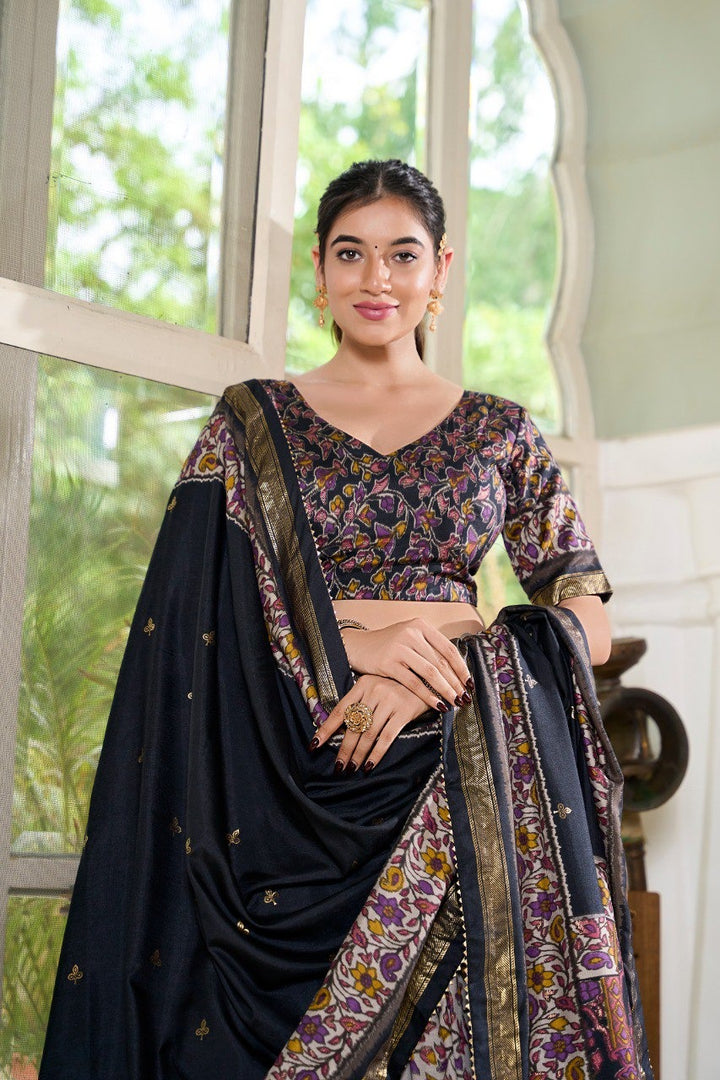 Black Tussar Silk Floral Print With Foil Print Lehenga Choli