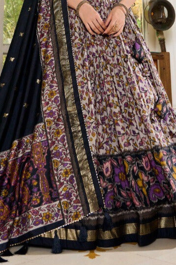 Black Tussar Silk Floral Print With Foil Print Lehenga Choli