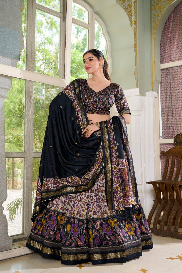 Black Tussar Silk Floral Print With Foil Print Lehenga Choli