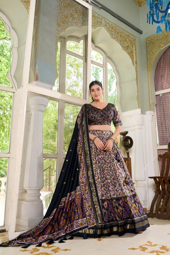 Black Tussar Silk Floral Print With Foil Print Lehenga Choli