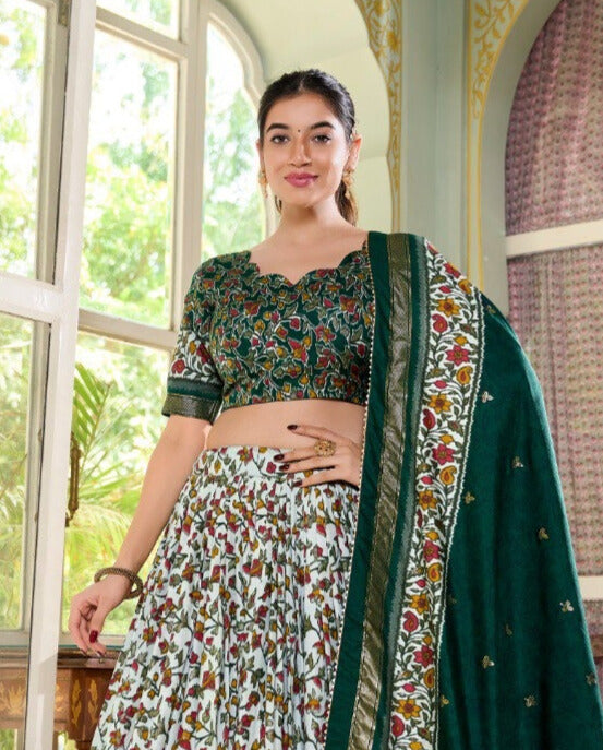 Green Tussar Silk Floral Print With Foil Print Lehenga Choli