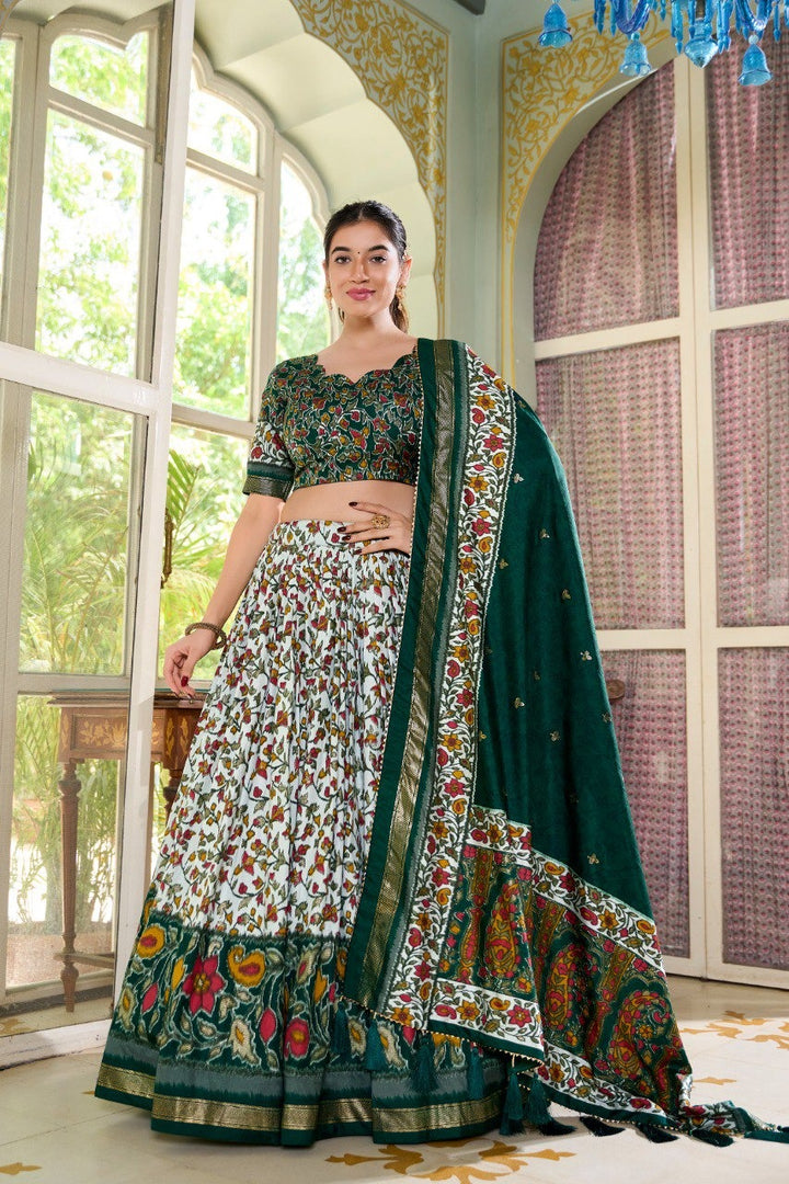 Green Tussar Silk Lehenga Choli with Floral Print and Foil Detail