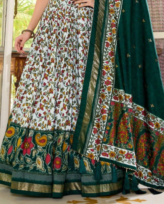 Exquisite Green Tussar Silk Lehenga Choli with Floral and Foil Print