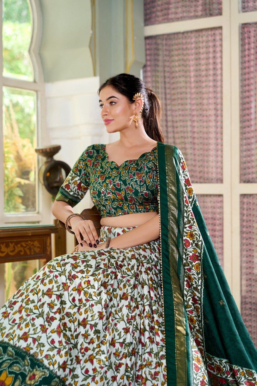 Stunning Floral Print Tussar Silk Lehenga Choli in Green