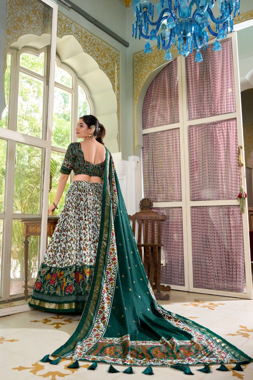 Green Tussar Silk Floral Print With Foil Print Lehenga Choli