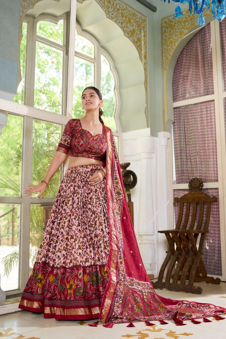 Maroon Tussar Silk Floral Print With Foil Print Lehenga Choli