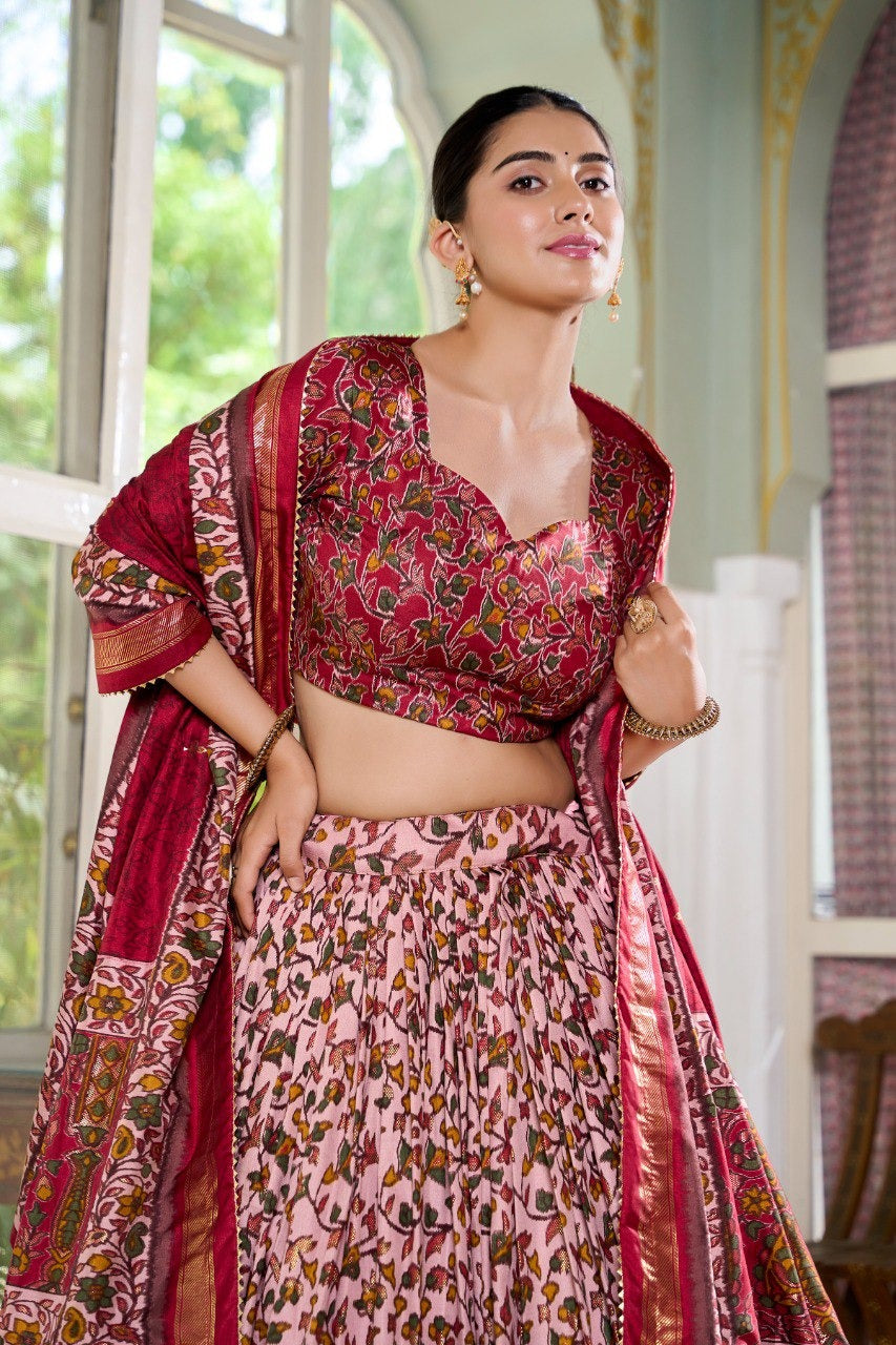 Maroon Tussar Silk Floral Print With Foil Print Lehenga Choli