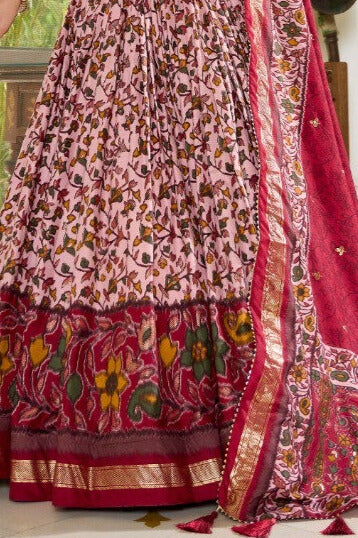 Maroon Tussar Silk Floral Print With Foil Print Lehenga Choli