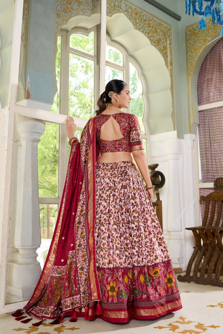 Maroon Tussar Silk Floral Print With Foil Print Lehenga Choli