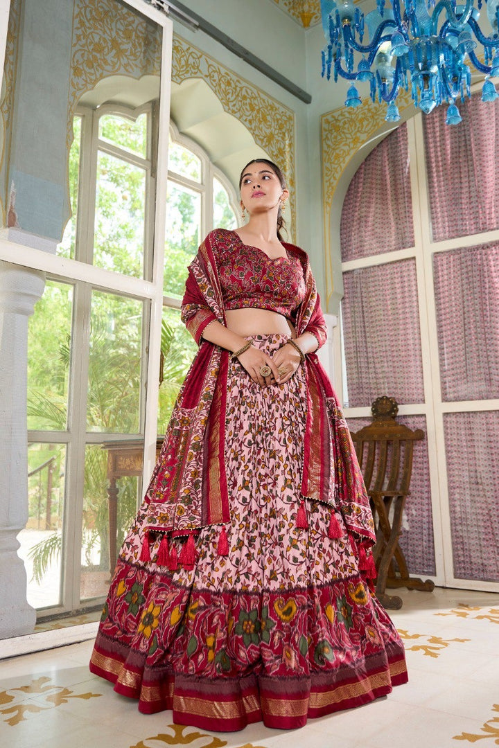 Maroon Tussar Silk Floral Print With Foil Print Lehenga Choli