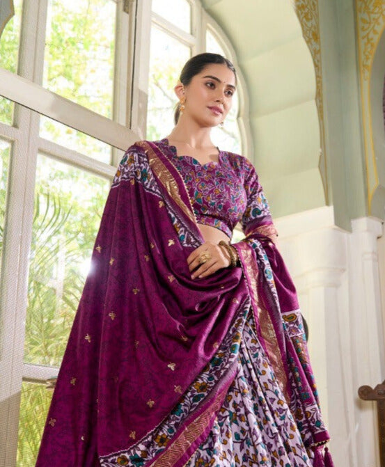 Purple Tussar Silk Floral Print With Foil Print Lehenga Choli