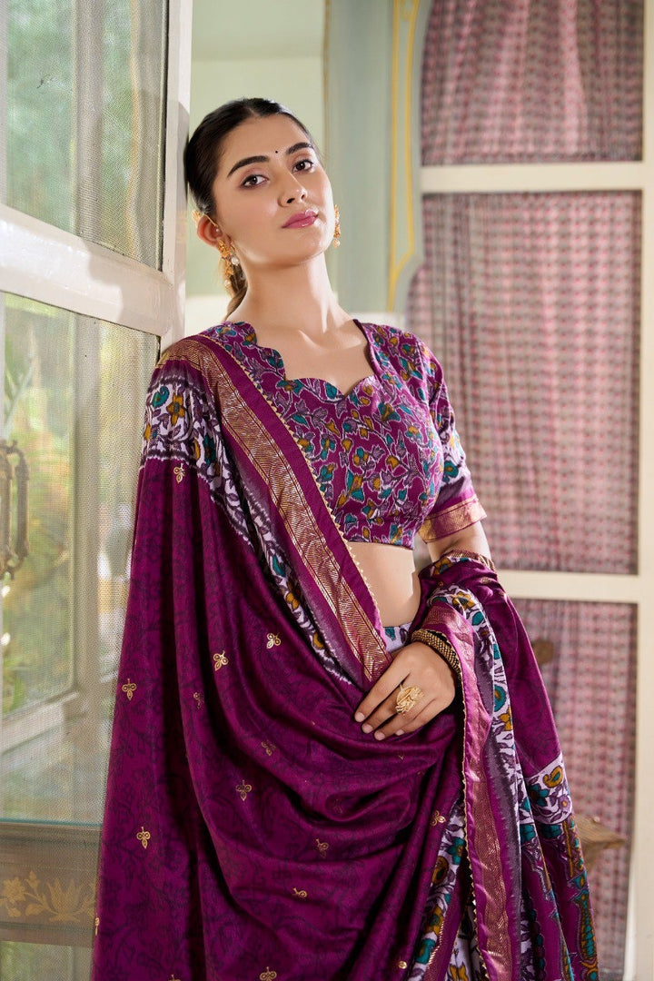 Purple Tussar Silk Floral Print With Foil Print Lehenga Choli