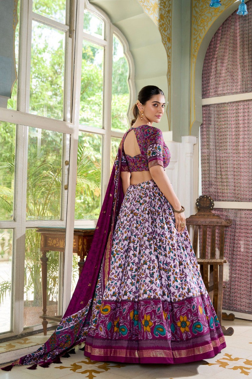 Purple Tussar Silk Floral Print With Foil Print Lehenga Choli