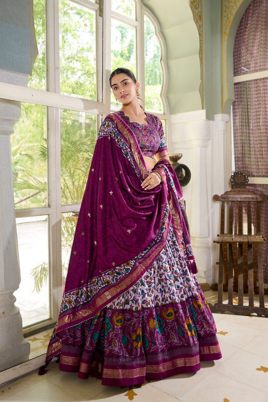 Purple Tussar Silk Floral Print With Foil Print Lehenga Choli