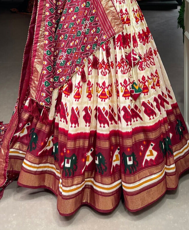 Off White Tussar Silk Patola Print With Foil Work Lehenga Choli