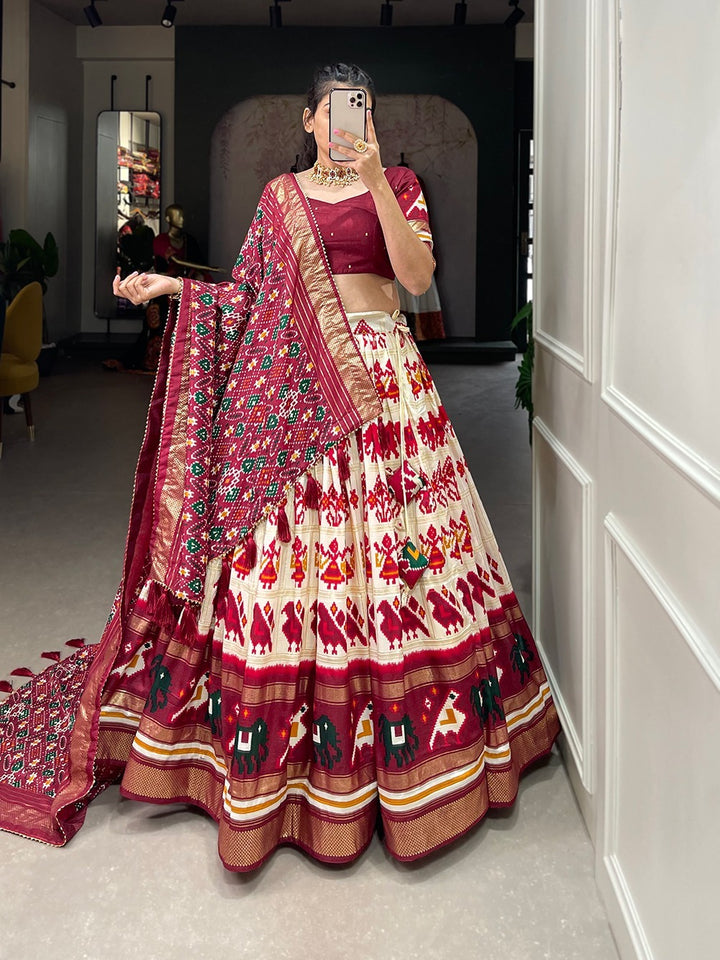 Off White Tussar Silk Patola Print With Foil Work Lehenga Choli