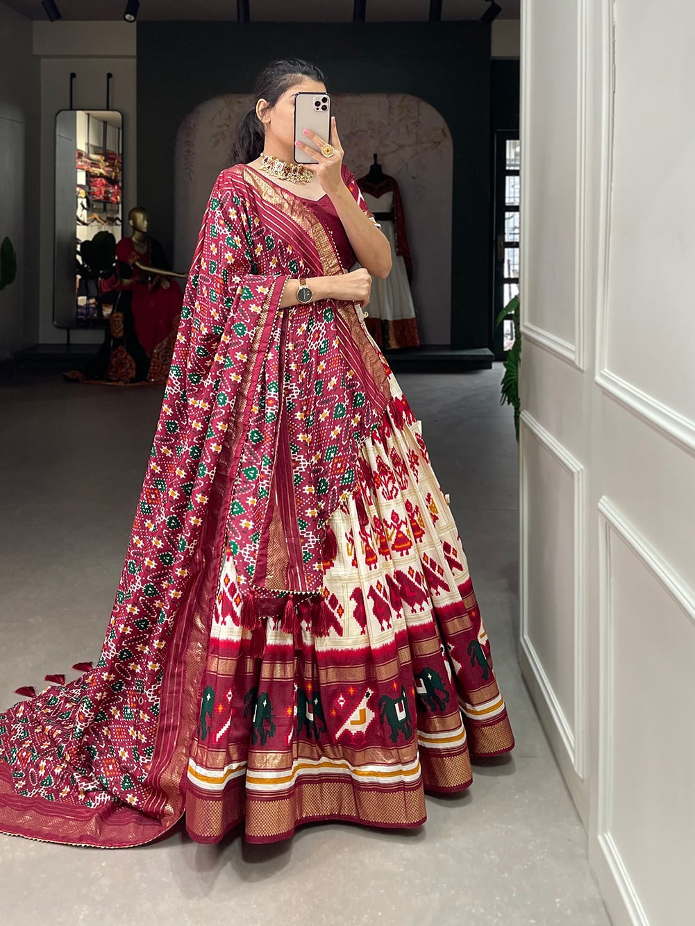 Off White Tussar Silk Patola Print With Foil Work Lehenga Choli