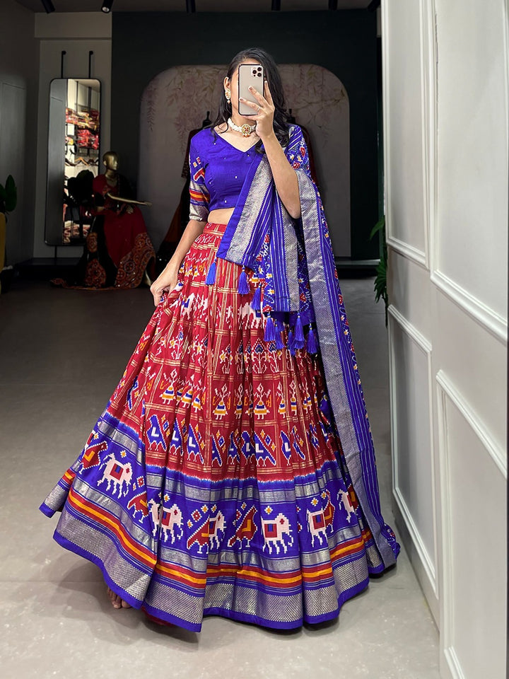 Red Tussar Silk Patola Print With Foil Work Lehenga Choli