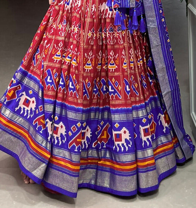 Red Tussar Silk Patola Print With Foil Work Lehenga Choli