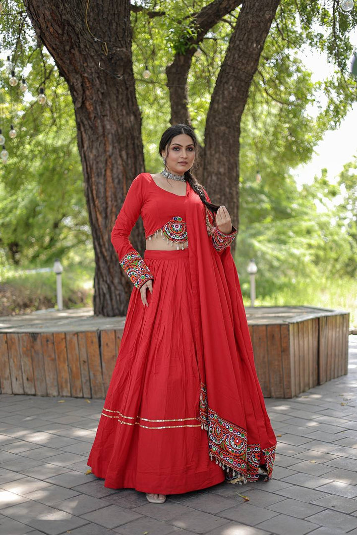 Red Reyon with Real Mirror Embroidered Kutchi Thread work also attached with codi