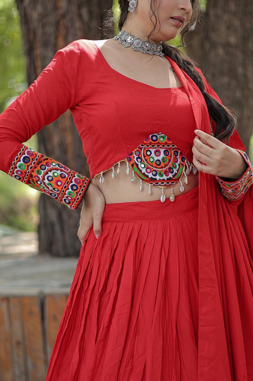 Red Reyon with Real Mirror Embroidered Kutchi Thread work also attached with codi