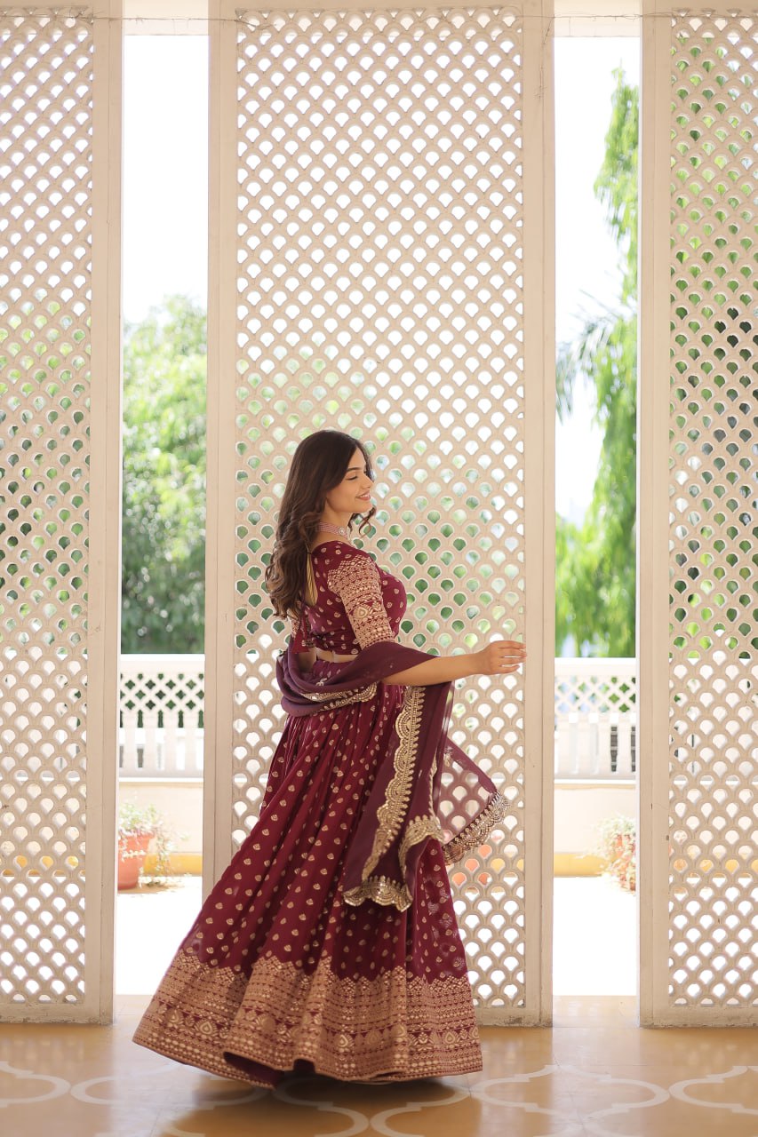 Wine Pure Dyable Viscose Jacquard Lehenga Choli