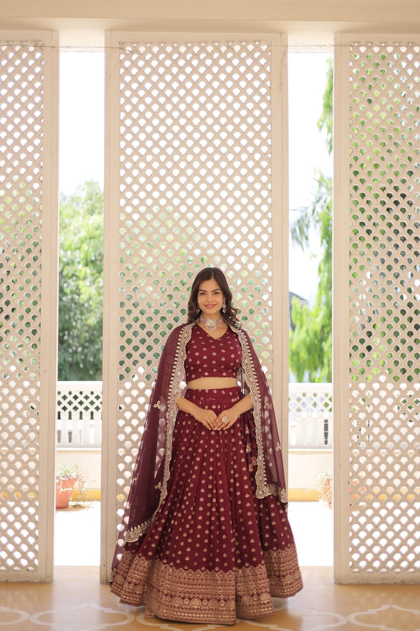 Wine Pure Dyable Viscose Jacquard Lehenga Choli