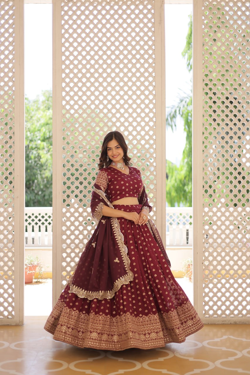 Wine Pure Dyable Viscose Jacquard Lehenga Choli