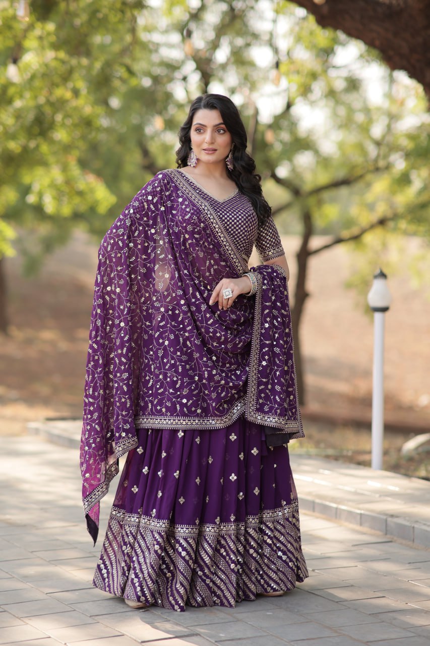 Purple Faux Blooming with Sequins & Thread Embroidered work Lehenga