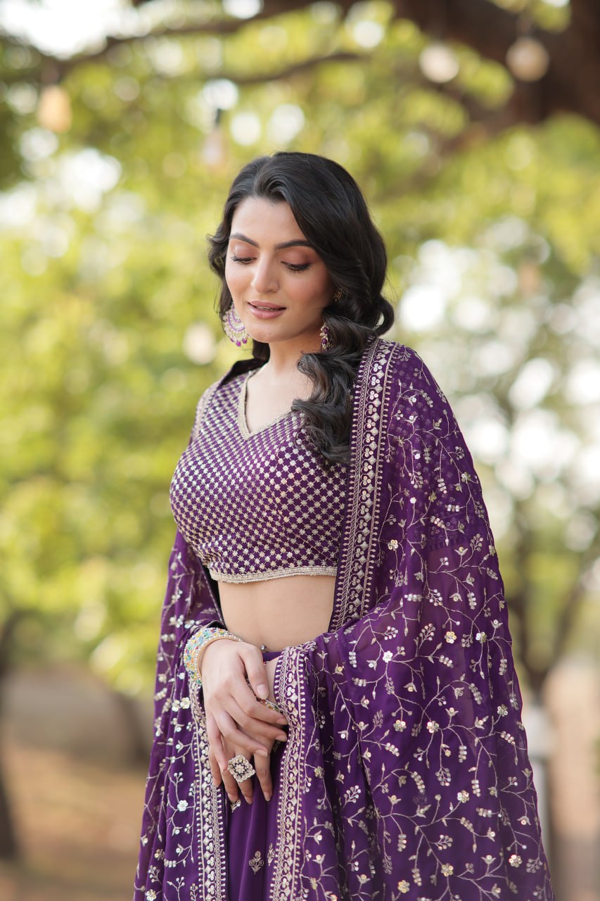 Purple Faux Blooming with Sequins & Thread Embroidered work Lehenga