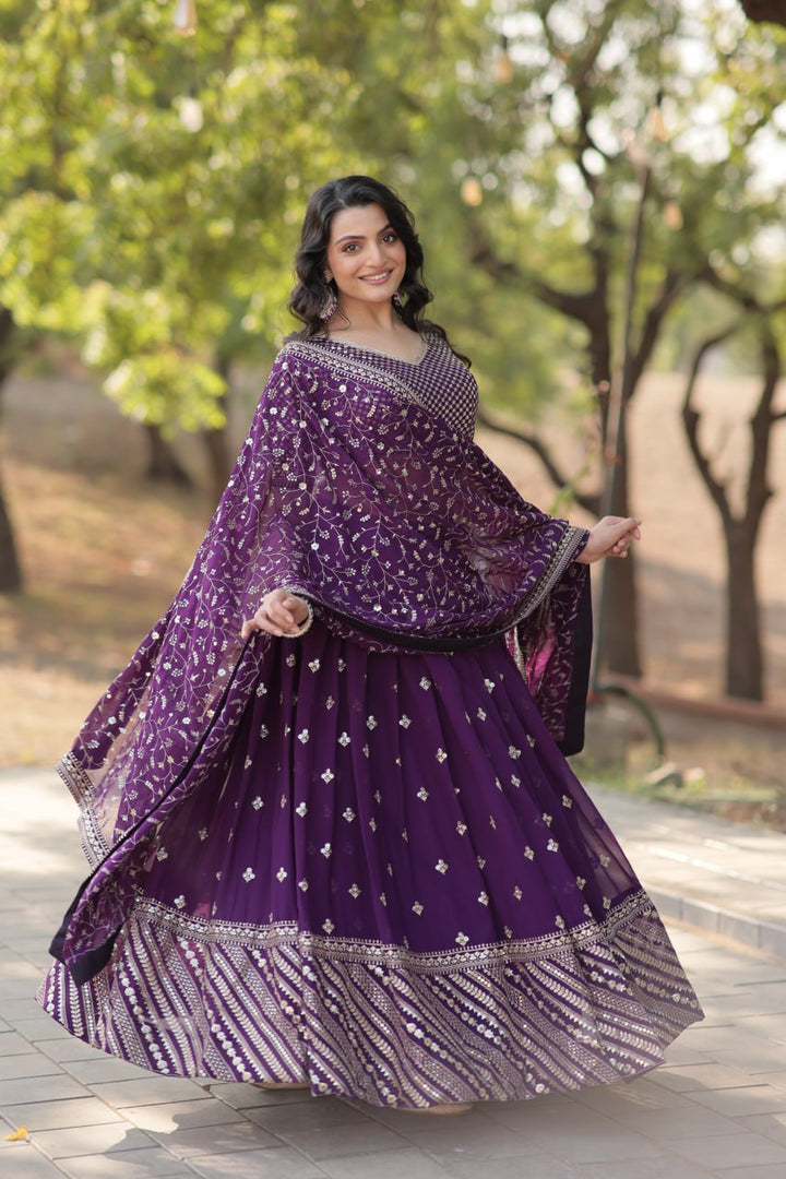 Purple Faux Blooming with Sequins & Thread Embroidered work Lehenga