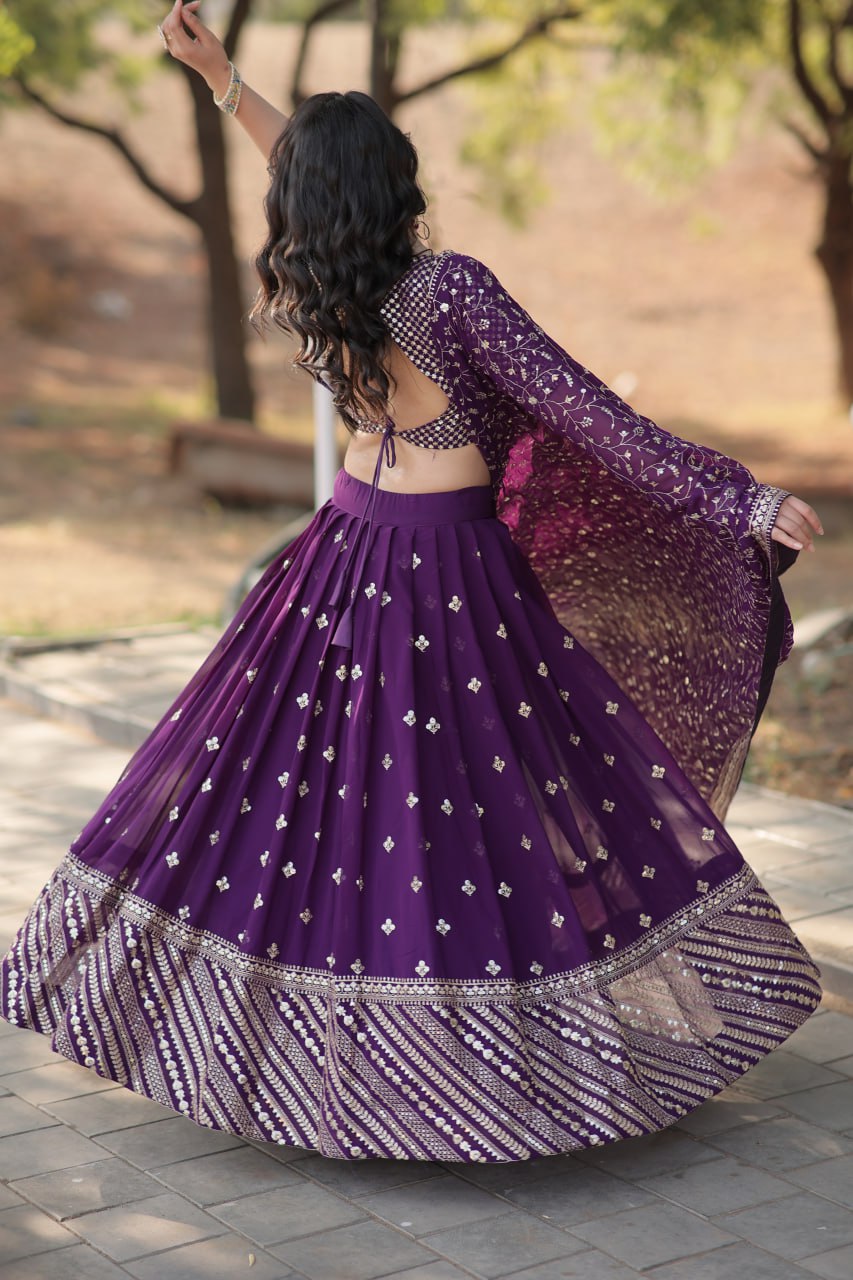 Beautiful purple faux blooming lehenga with intricate sequins and thread embroidery