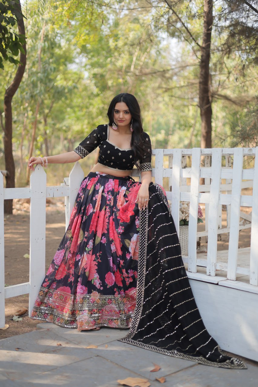 Digital printed faux georgette saree featuring heavy sequins and intricate thread embroidery