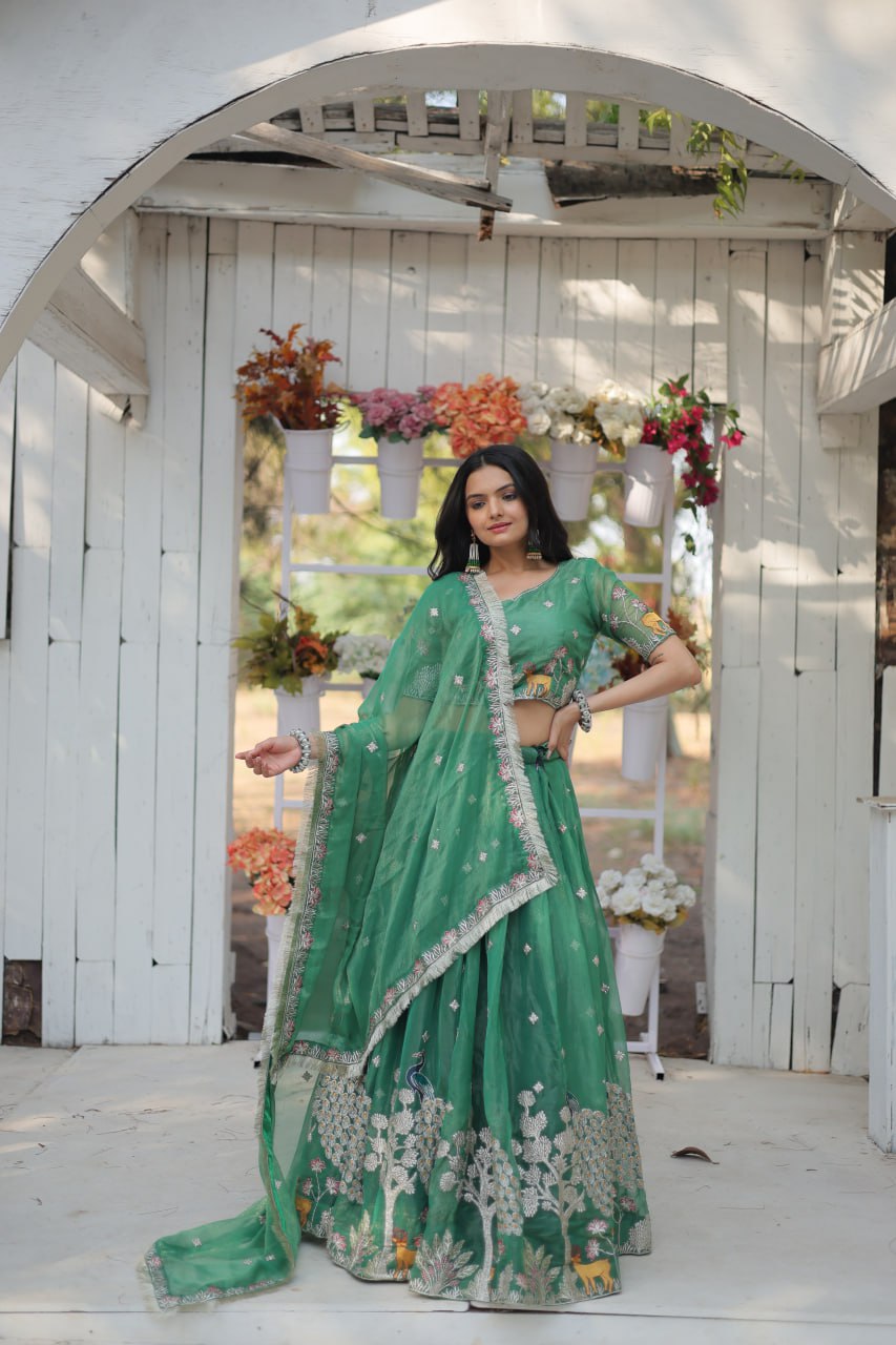 Green Color Gold Coin With Heavy Sequins And Thread Embroidered work Lehenga