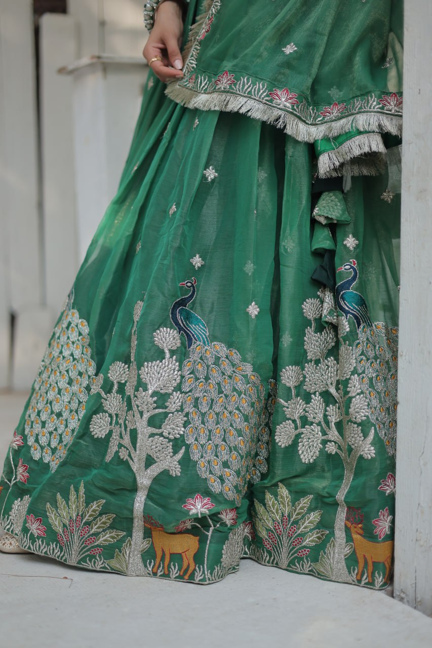 Green Color Gold Coin With Heavy Sequins And Thread Embroidered work Lehenga