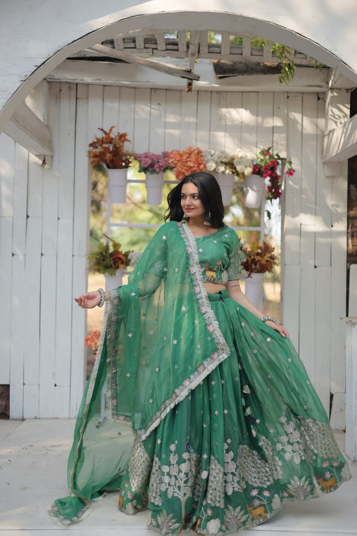 Green Color Gold Coin With Heavy Sequins And Thread Embroidered work Lehenga