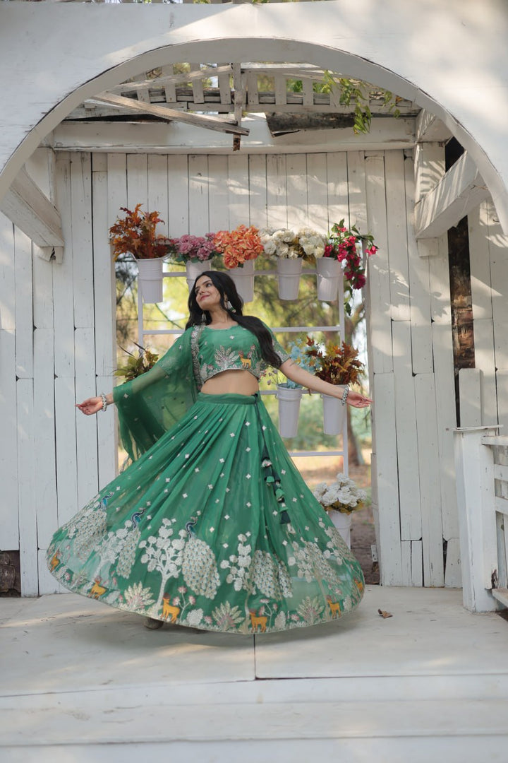 Green Color Gold Coin With Heavy Sequins And Thread Embroidered work Lehenga