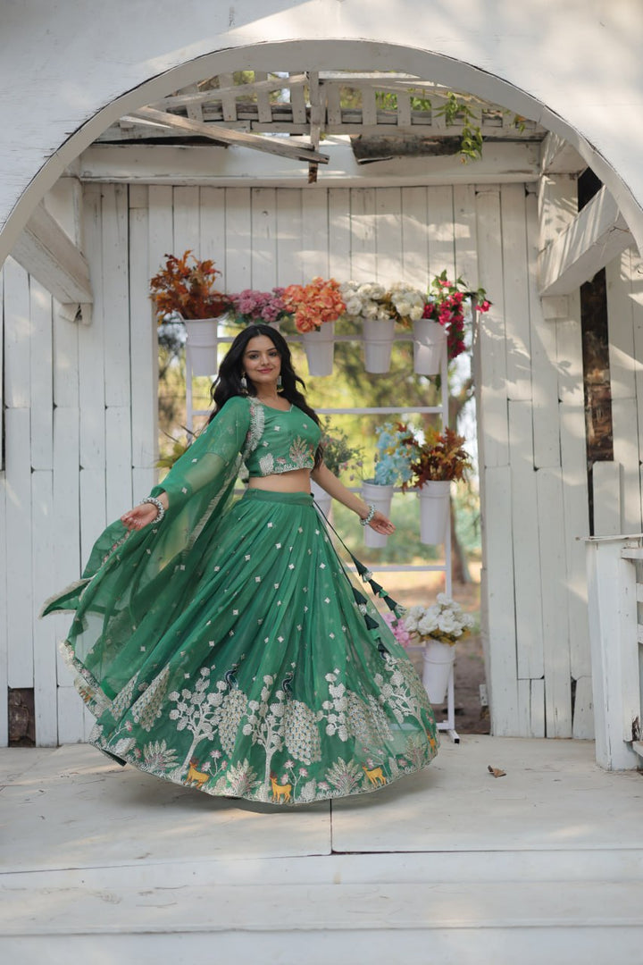 Green Color Gold Coin With Heavy Sequins And Thread Embroidered work Lehenga