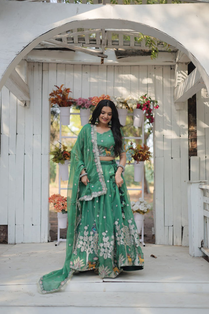 Green Color Gold Coin With Heavy Sequins And Thread Embroidered work Lehenga